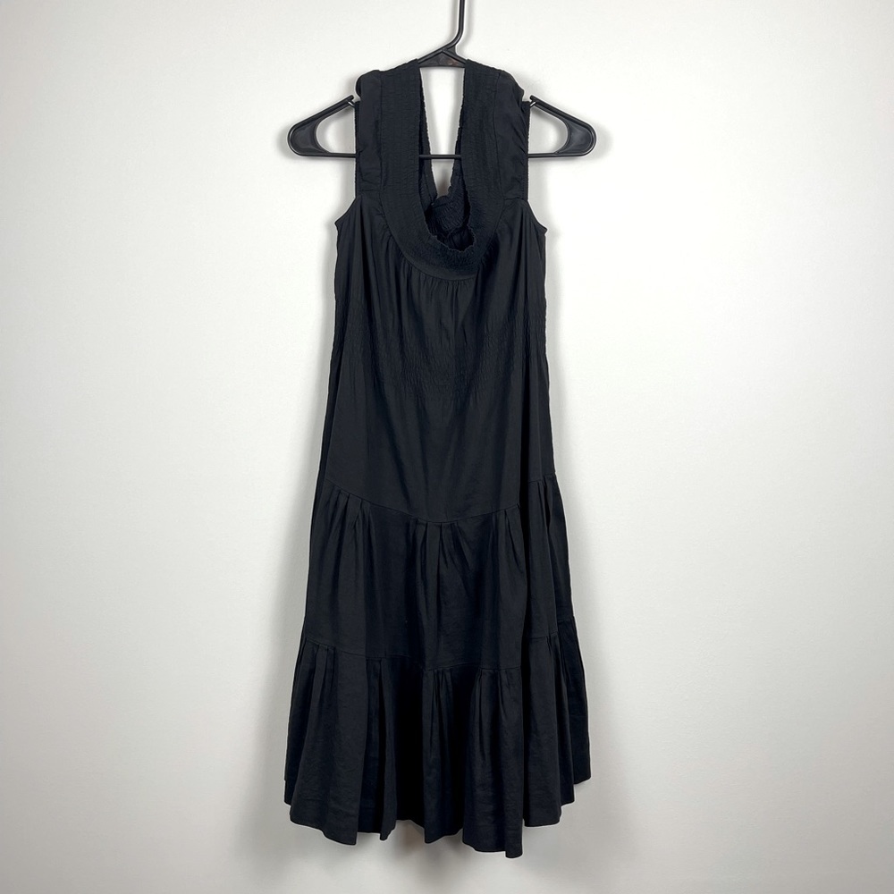 Theory Black Midi Ruffled Dress Linen Blend Size 2